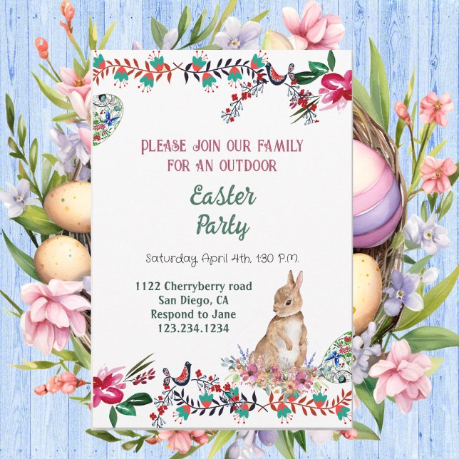 Blommigt Motif Egg Watercolor Greenery Påskhare Inbjudningar (Floral Motif Egg Watercolor Greenery Easter Bunny Invitation)