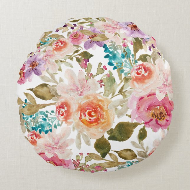 Blommigt Motifs i vattenfärg Rund Kudde (Framsidan)