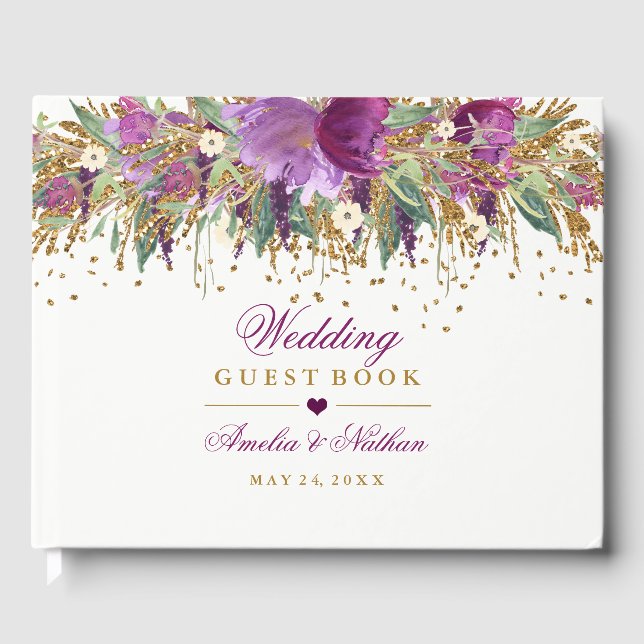 Blommigt Moukling Amethyst Bröllop Guest Bok (Framsida)