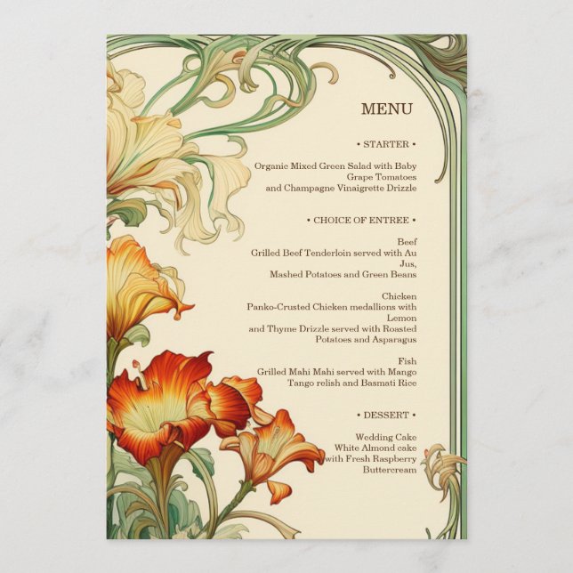 Blommigt Mucha Art nouveau Red and Orange Botanica Meny (Framsida)