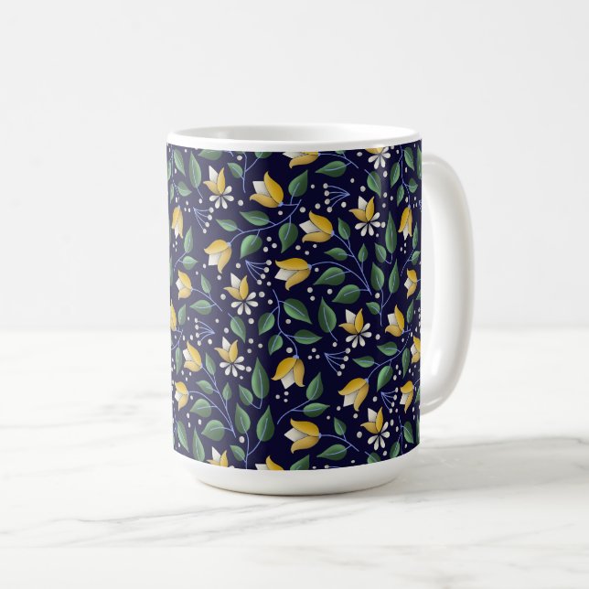 Blommigt Mugg i djupblått och Gult (Framsida höger)