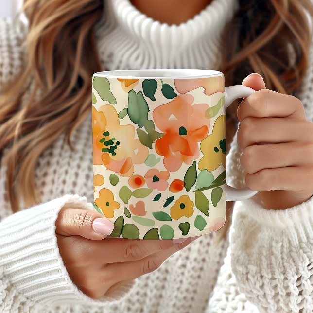 Blommigt Mugg, Peach Blommönster Mugg, Vattenfärg Kaffemugg (Skapare uppladdad)