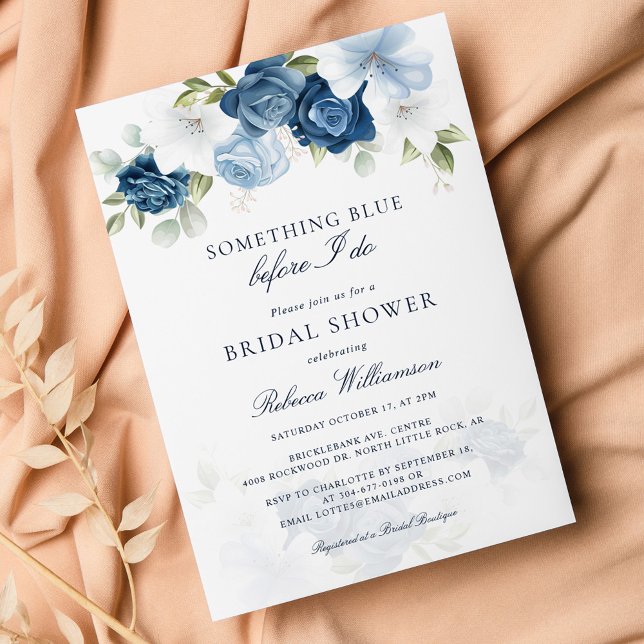 Blommigt något blått innan jag gör Möhippa Inbjudningar (Dusty Blue Floral Something Blue Before I Do Bridal Shower Script Bridal Shower Invitation)