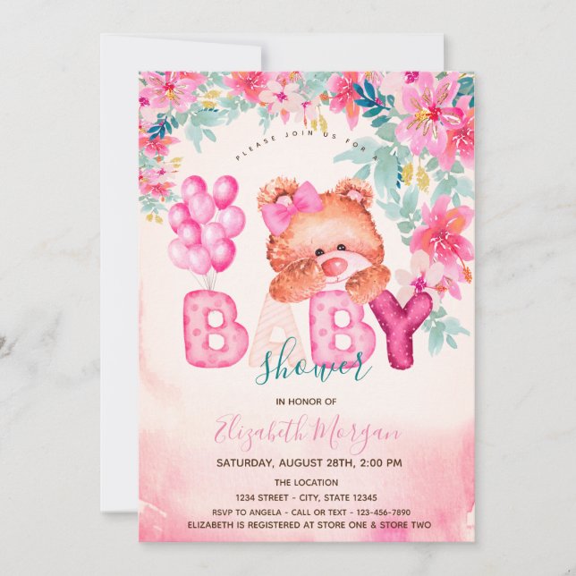 Blommigt Nalle Baby Shower Inbjudningar (Framsida)