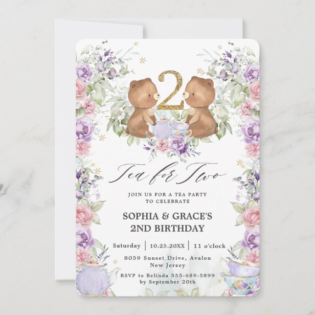 Blommigt Nalle Tea för 2:a födelsedagen Party Inbjudningar (Framsida)
