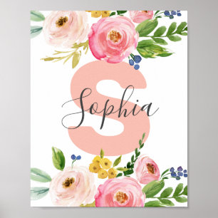 Blommigt Namn Girl Baby Personlig Boho Nursery Poster