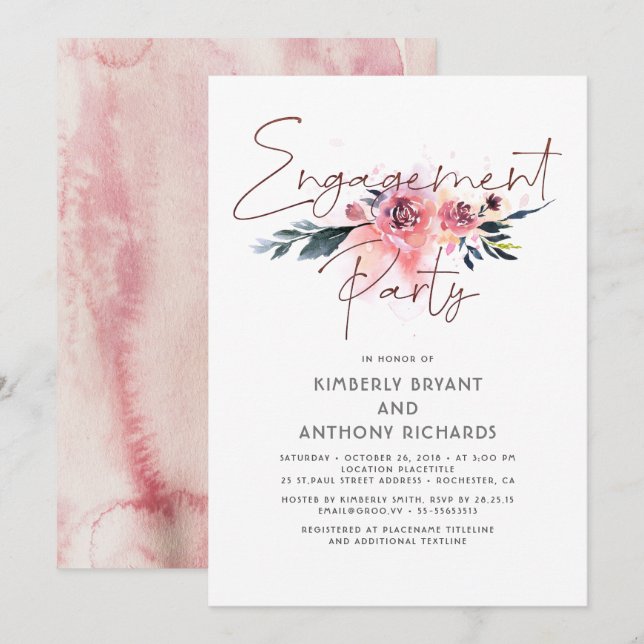 Blommigt Namnteckning Förlovningsfesten SkriptEleg Inbjudningar (Fram/baksida)