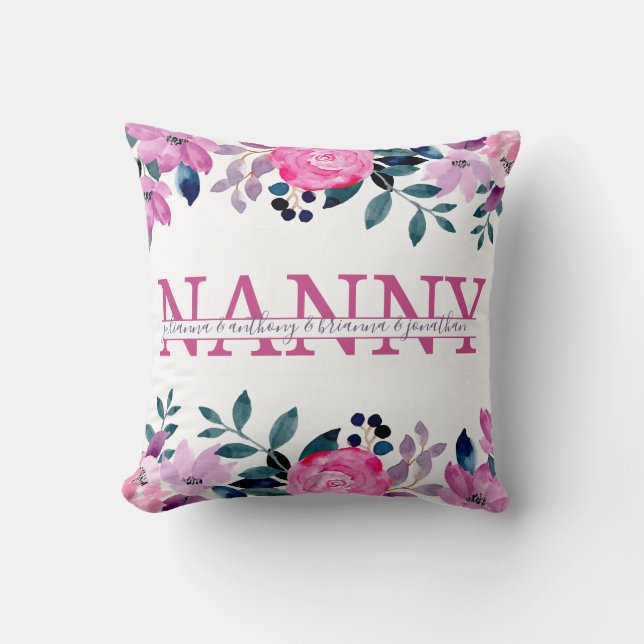 Blommigt Nanny delade Monogram med barnbarn namn Kudde (Framsida)