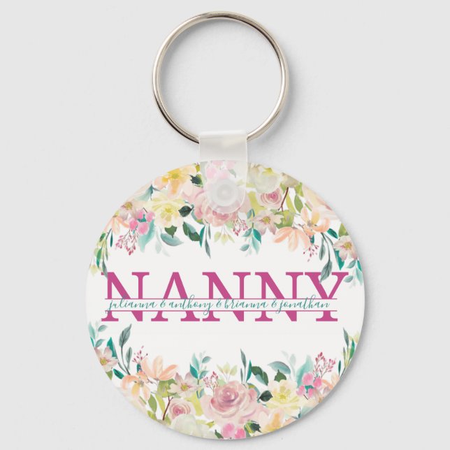 Blommigt Nanny delade Monogram med barnbarn namn Nyckelring (Framsida)
