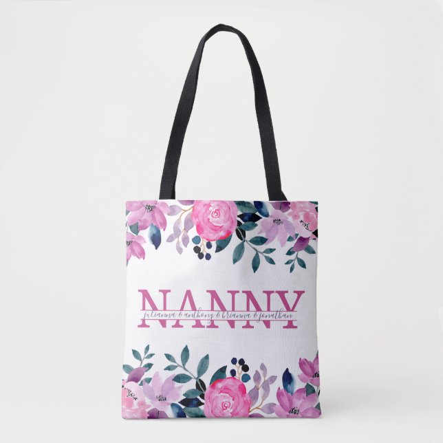 Blommigt Nanny delade Monogram med barnbarn namn Tygkasse (Framsida)