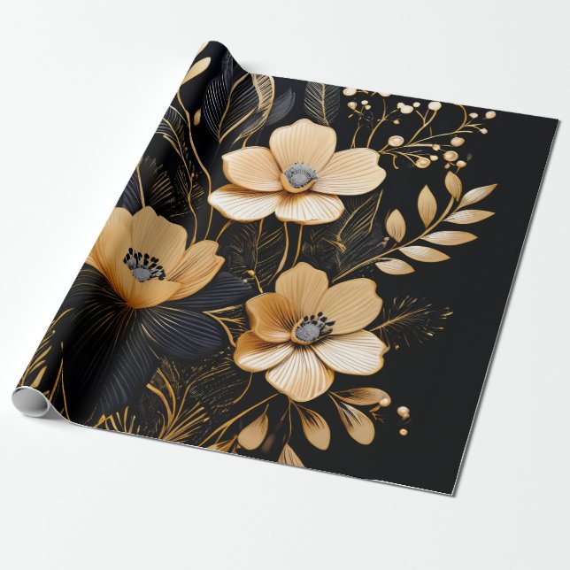 Blommigt Natt: Black & Guld Mönster Presentpapper (Utrullad)