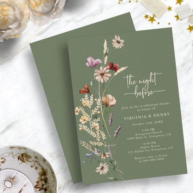 Blommigt natten före repetitionsmiddagen inbjudningar (Sage Green Floral The Night Before Rehearsal Dinner Invitation by Painted Paperie
)