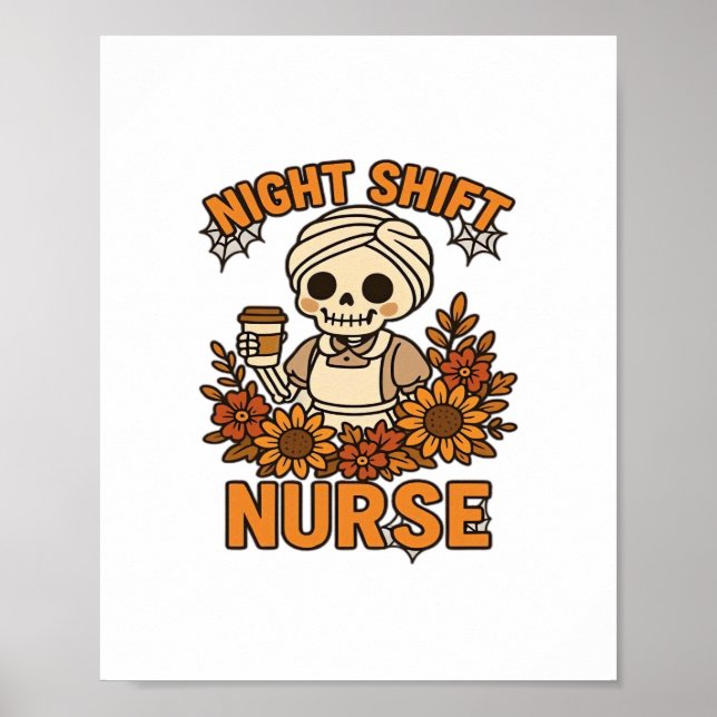 Blommigt Nattskift Nurse Skeleton Halloween RN Nur Poster (Framsidan)