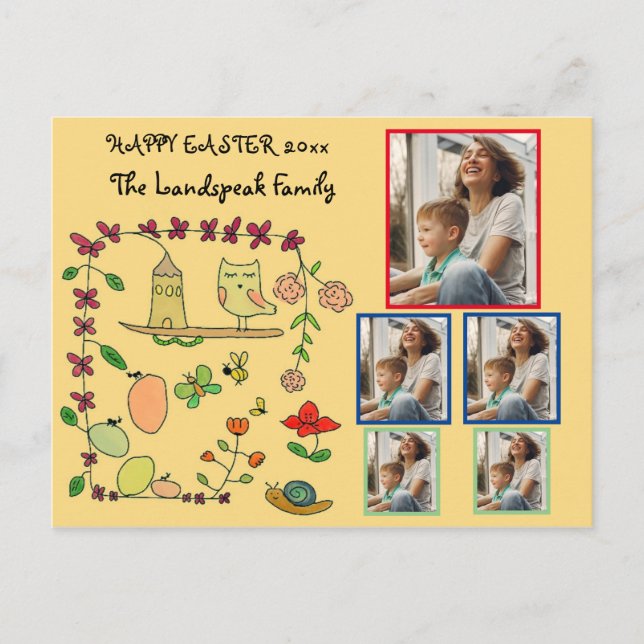 Blommigt, natur och Uggla Glad påsk 5-fotonamn Vykort (Framsida)