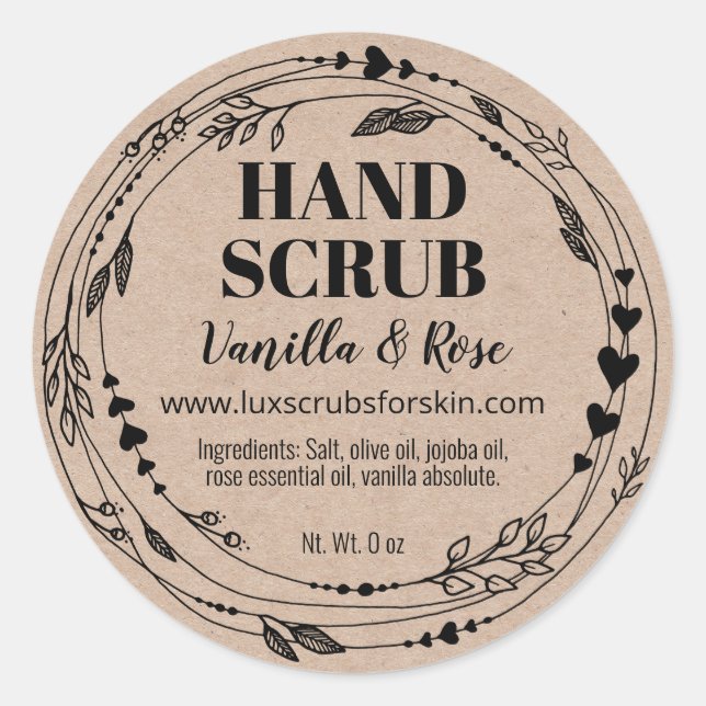 Blommigt Natural Homemade Hand SCrub Kraft Labels Runt Klistermärke (Framsida)