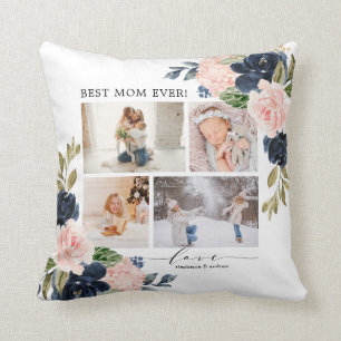 Blommigt Navy Best Mamma Photo Collage Kudde