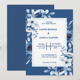 Blommigt Navy Blue Bröllop Inbjudningar