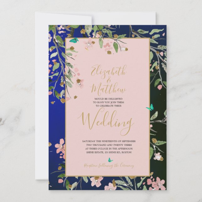 Blommigt Navy Blue Elegant Rosa och Guld Chinoiser Inbjudningar (Baksida)