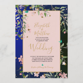 Blommigt Navy Blue Elegant Rosa och Guld Chinoiser Inbjudningar