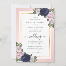 Blommigt Navy Blue Guld Calligraphy Bröllop Inbjudningar