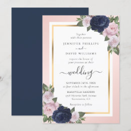 Blommigt Navy Blue Guld Calligraphy Bröllop Inbjudningar