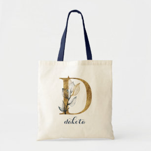 Blommigt Navy Blue Guld Löv Monogram Brev ’D’ Tygkasse