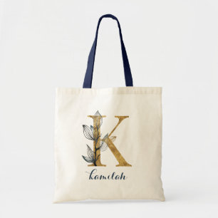 Blommigt Navy Blue Guld Löv Personlig Brev ’K’ Tygkasse