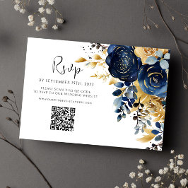 Blommigt Navy Blue Guld QR Code Bröllop OSA Kort