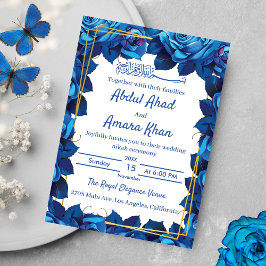 Blommigt Navy Blue och Guld Ram Islamiska Bröllop Inbjudningar