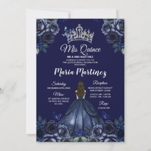Blommigt Navy Blue Princess Silver Mis Quince Inbjudningar