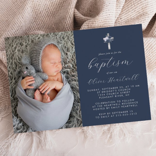 Blommigt Navy Blue Silver Kor Photo Boys Baptism Inbjudningar (Skapare uppladdad)