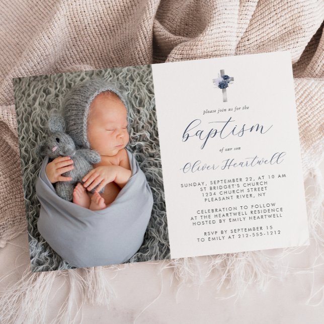 Blommigt Navy Blue Silver Kor Photo Boys Baptism Inbjudningar (Skapare uppladdad)