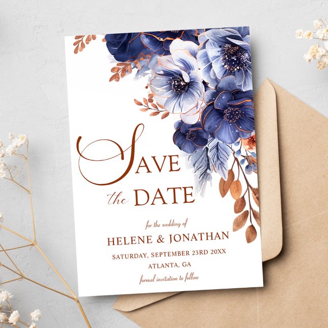 Blommigt Navy Blue Terracotta Boho Elegant bröllop Spara Datumet (Floral Navy Blue Terracotta Boho Elegant Wedding Save The Date)