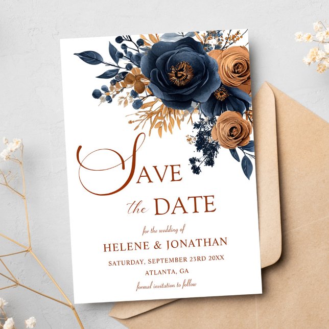 Blommigt Navy Blue Terracotta Garden Elegant bröll Spara Datumet (Floral Navy Blue Terracotta Garden Elegant Wedding Save The Date)