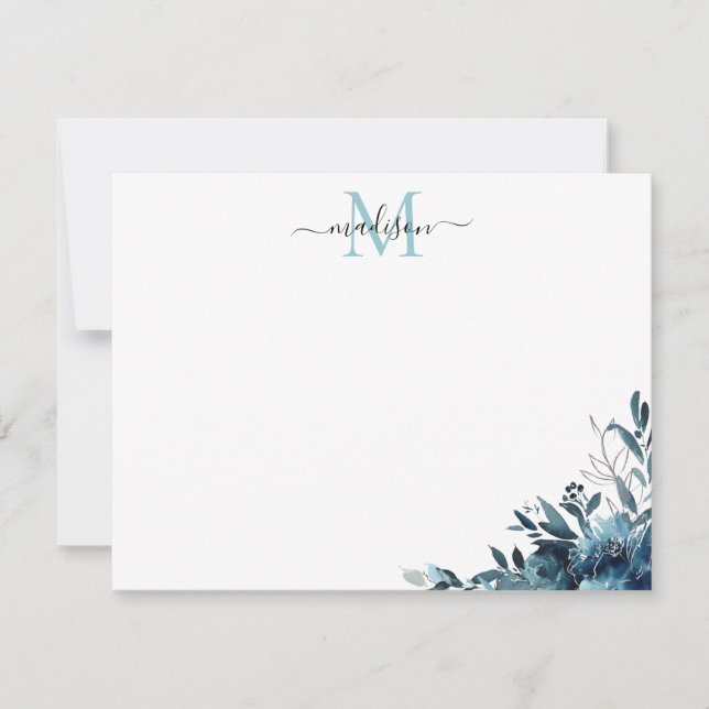 Blommigt Navy Blue Watercolor Ro Peony Monogram Anteckningskort (Framsida)