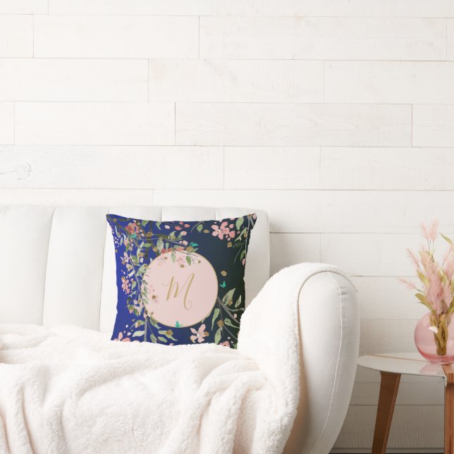 Blommigt Navy Elegant Rosa Guld Chinoiserie Kudde (Soffa)