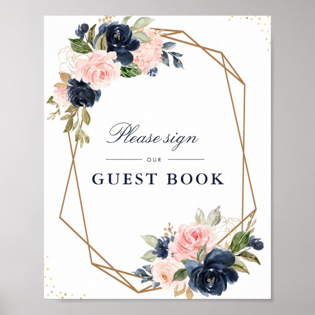 Blommigt Navy &  guestbook bröllop-tecken Poster (Framsidan)