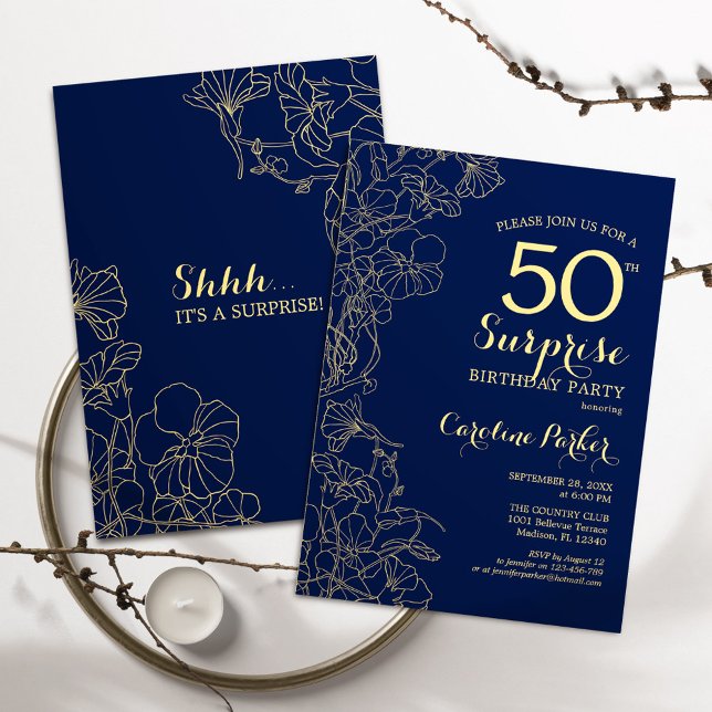 Blommigt Navy Guld Surprise 50:e Födelsedagsfesten Inbjudningar (Skapare uppladdad)