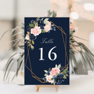 Blommigt Navy och  vattenfärgsgeometri bröllop Bordsnummer
