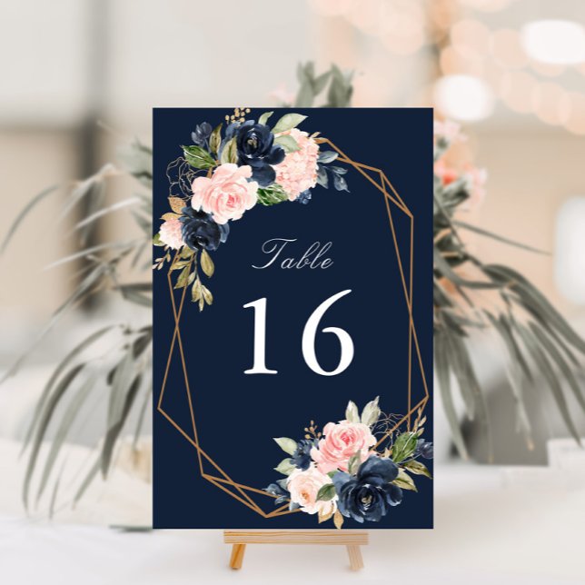 Blommigt Navy och  vattenfärgsgeometri bröllop Bordsnummer (Skapare uppladdad)