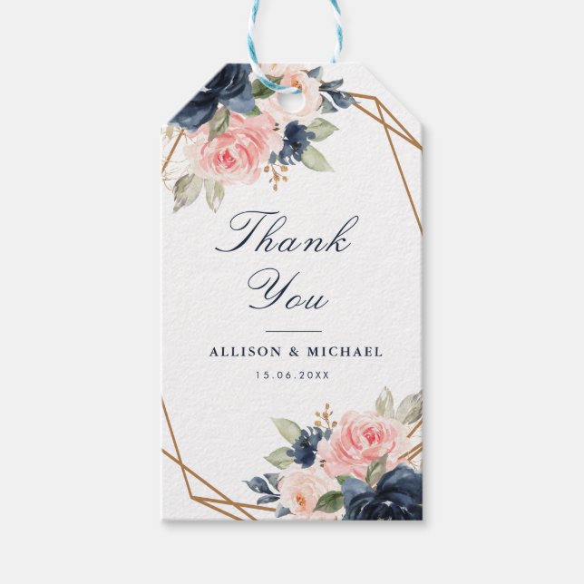 Blommigt Navy och  vattenfärgsgeometri bröllop Presentetikett (Framsidan)