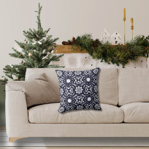 Blommigt Navy och White Mönster Kudde