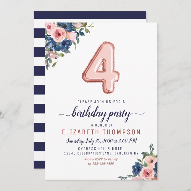 Blommigt Navy  Ro Guld Balloon 4e födelsedagen Inbjudningar (Fram/baksida)