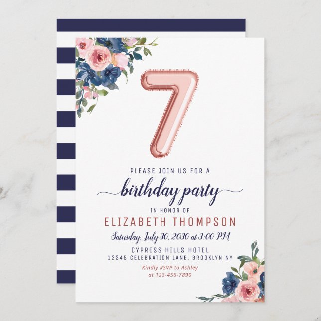 Blommigt Navy  Ro Guld Balloon 7:e Birthday Inbjudningar (Fram/baksida)