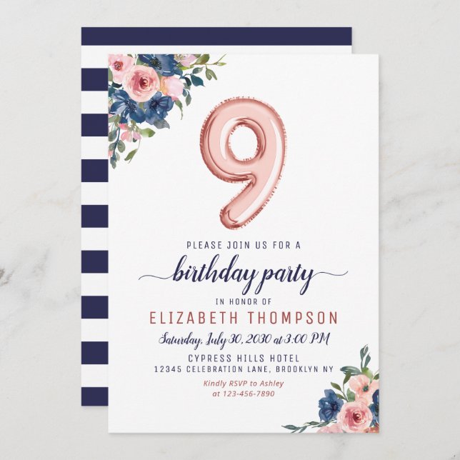 Blommigt Navy  Ro Guld Balloon 9:e födelsedag Inbjudningar (Fram/baksida)
