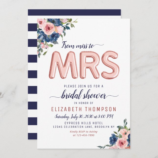 Blommigt Navy  Ro Guld Balloon Möhippa Inbjudningar (Fram/baksida)