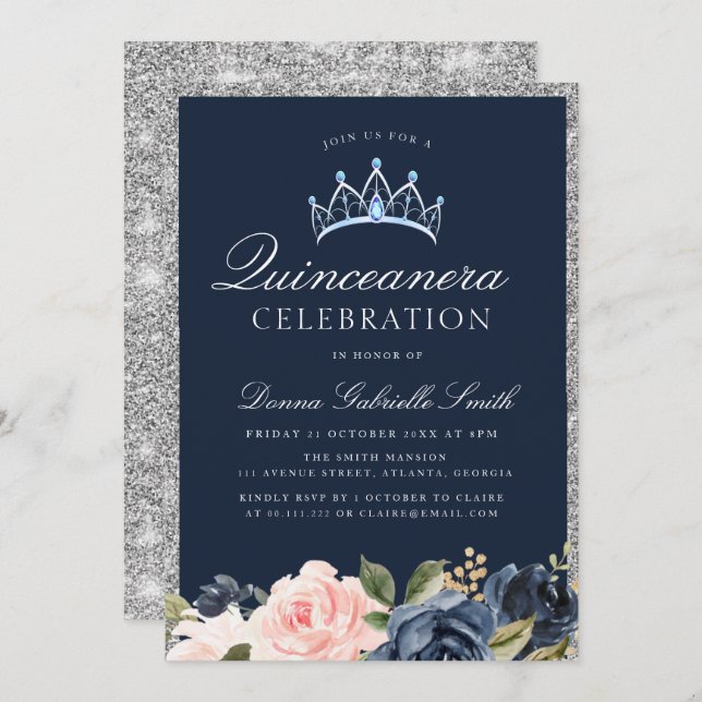 Blommigt Navy & silver quinceanera-inbjudan Inbjudningar (Fram/baksida)