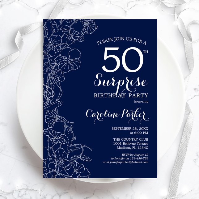 Blommigt Navy White Surprise 50:e Födelsedagsfeste Inbjudningar (Skapare uppladdad)