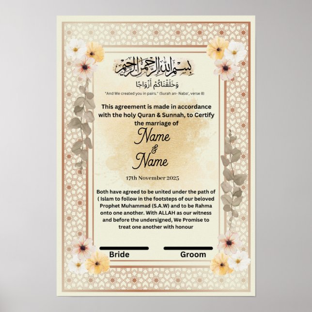 Blommigt nikkah-certifikat poster (Framsidan)