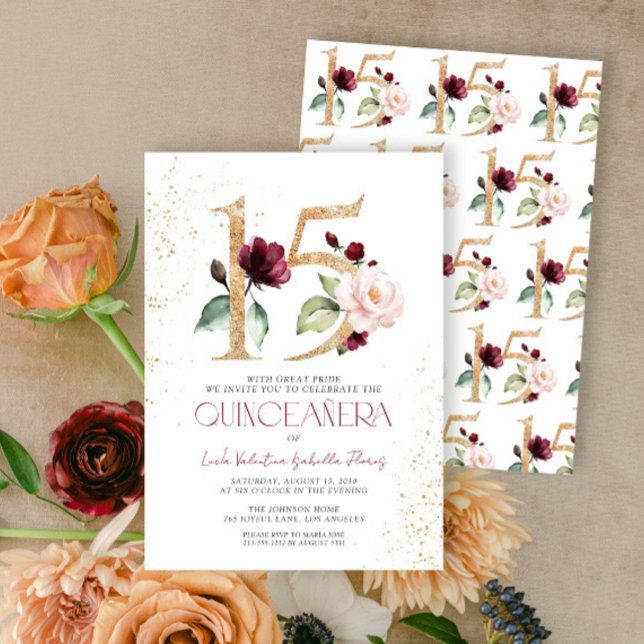 Blommigt nummer 15 Burgundy Guld Quinceañera Inbjudningar (Skapare uppladdad)